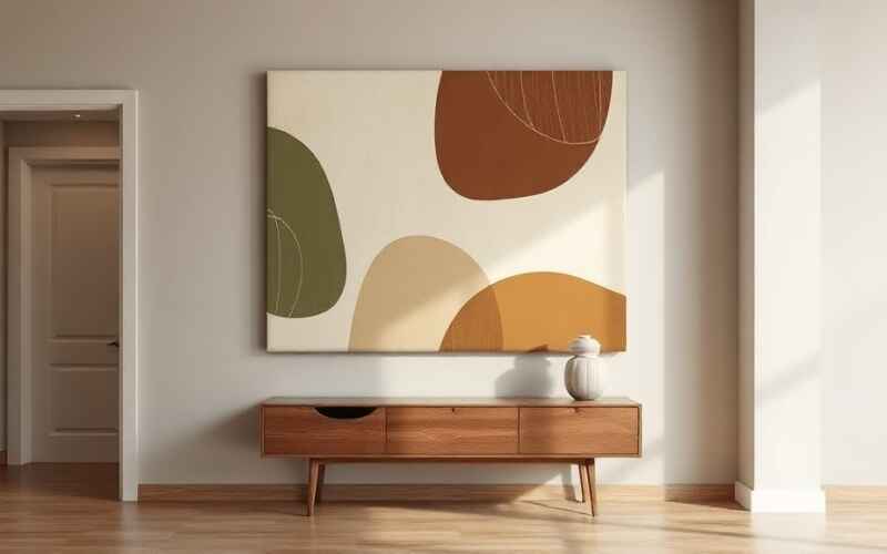 Duży obraz na płótnie w stylu Mid-Century Modern z organicznymi kształtami w ciepłych barwach na jasnej ścianie w nowoczesnym przedpokoju
