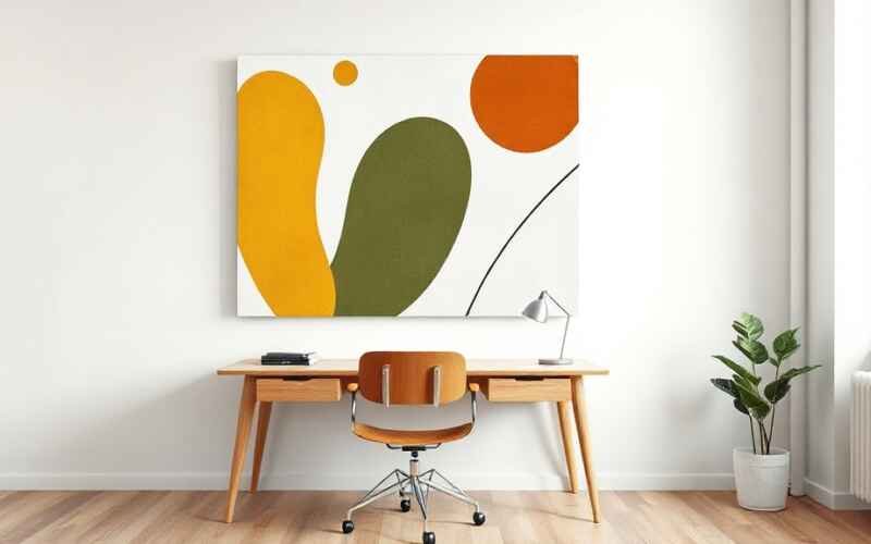 Duży obraz na płótnie w stylu Mid-Century Modern z organicznymi kształtami w ciepłych barwach, ozdabiający ścianę w minimalistycznym biurze domowym