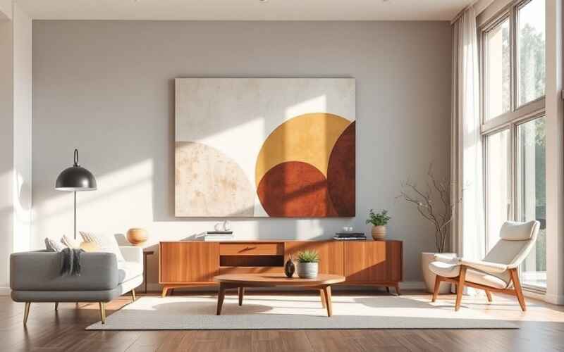 Elegancki obraz na płótnie w stylu Mid-Century Modern z abstrakcyjnymi kształtami wiszący w salonie urządzonym w estetyce połowy XX wieku