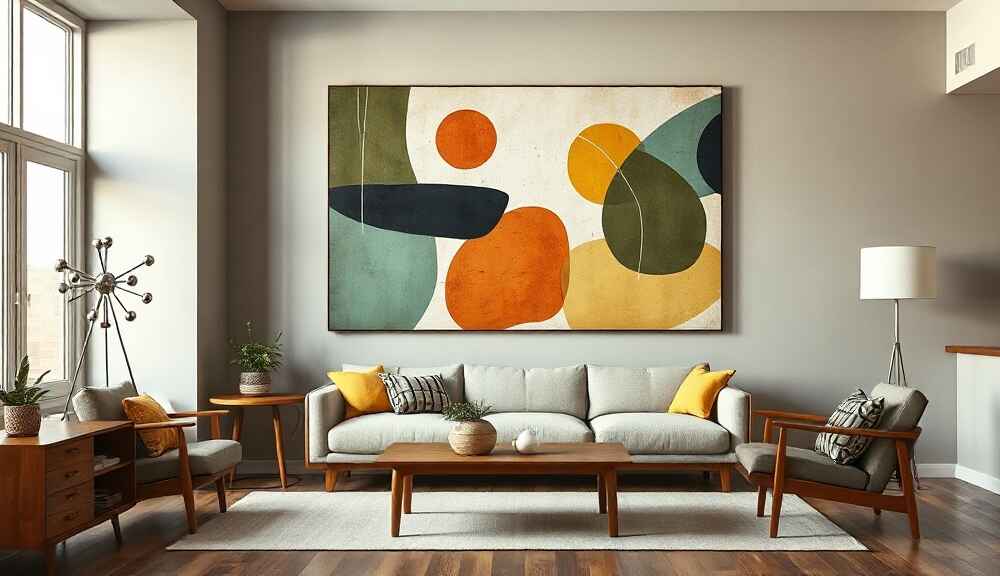 Stylowy obraz na płótnie Mid-Century Modern z geometrycznymi wzorami w nowoczesnym salonie z meblami z połowy wieku