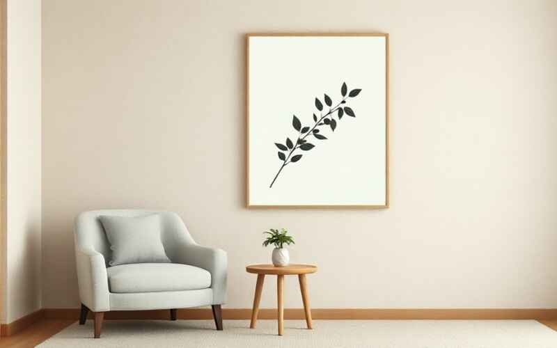 Obraz botaniczny w stylu Japandi Przytulny kącik salonu w stylu Japandi z beżową ścianą i dużym obrazem na płótnie z minimalistyczną ilustracją botaniczną pojedynczej gałązki